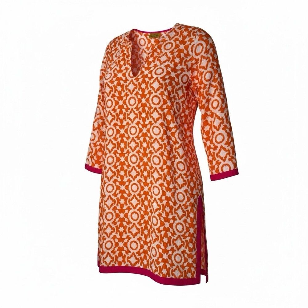 Roberta Roller Rabbit 100% Cotton Orange White Print Tunic Blouse Small Cover Up